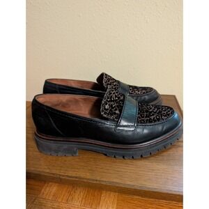 PAUL GREEN Lug Sole Slip On Loafers Black Leather Natasha Burnout Velvet 7.5